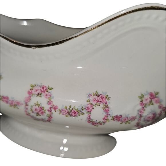 Antique Johnson Brothers Gravy Boat Gold Scallop Edge Pink Rose Swags JB313 - Picture 4 of 10